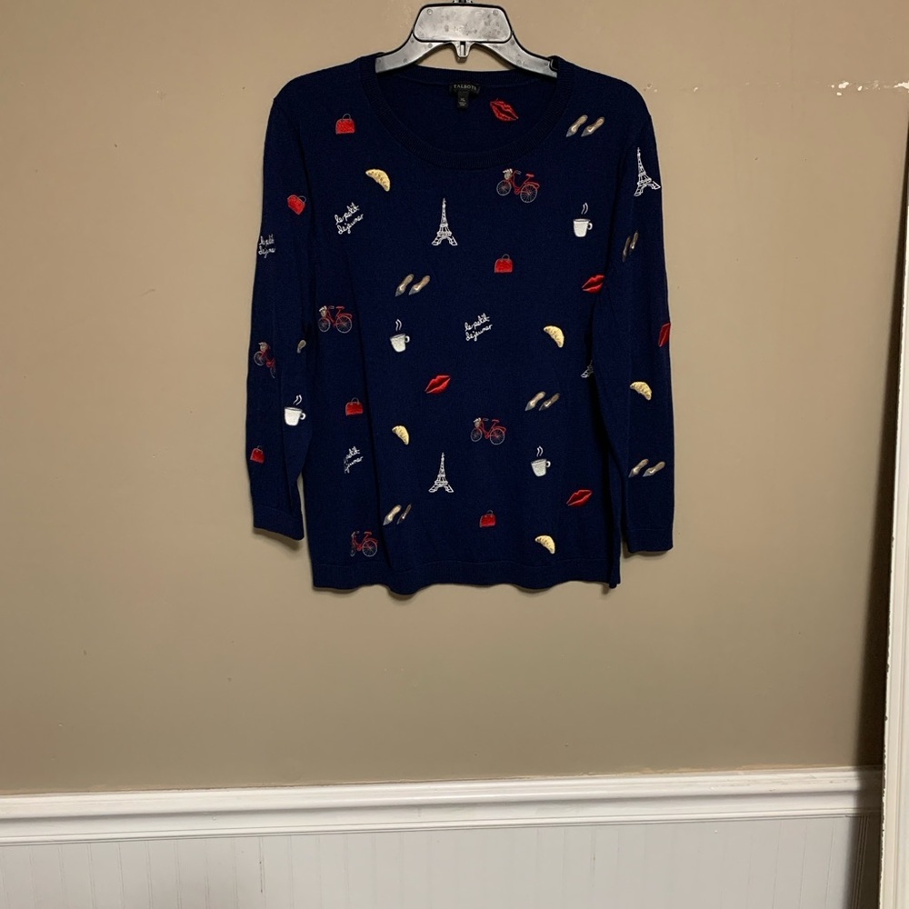 Talbots Women’s Embroidered Paris Navy XL Pullover Crewneck Long Sleeve Sweater